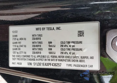 2023 Tesla Model 3 Rear-Wheel Drive из США, поврежденный, VIN 5YJ3E1EAXPF436257